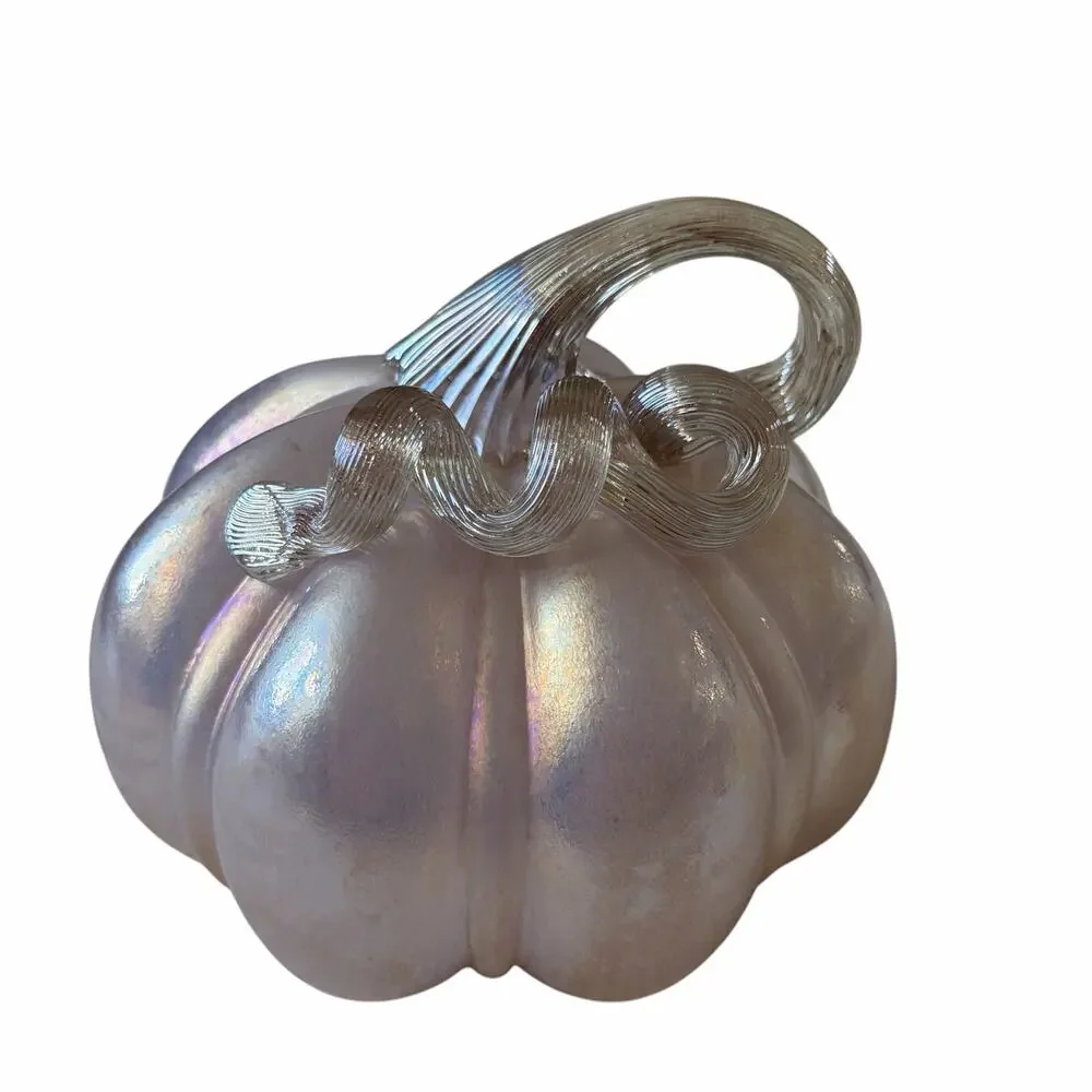 Hand Blown Art Glass Pumpkin 6in Iridescent Pink Chic Fall Designer Decor NEW